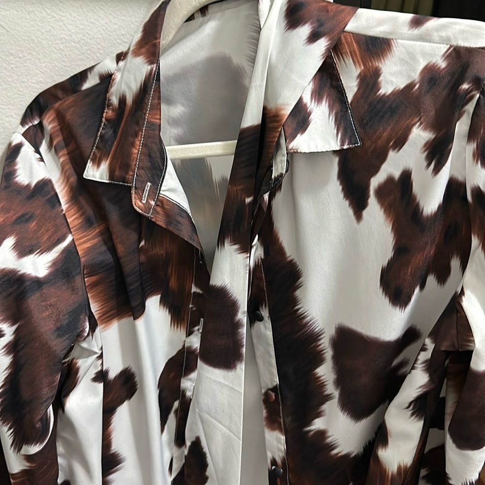 Cow print collared long sleeve blouse